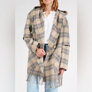 Dorothee Schumacher Plaid Beige Fringe Wool Checked Coat w/ Hood Size US 8-10